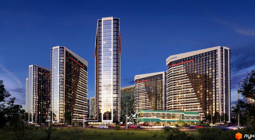 Житловий комплекс Great – це сучасна новобудова з високими вежами та скляними фасадами, що розташована на фоні вечірнього неба. Територія навколо комплексу освітлена, що створює затишну атмосферу.