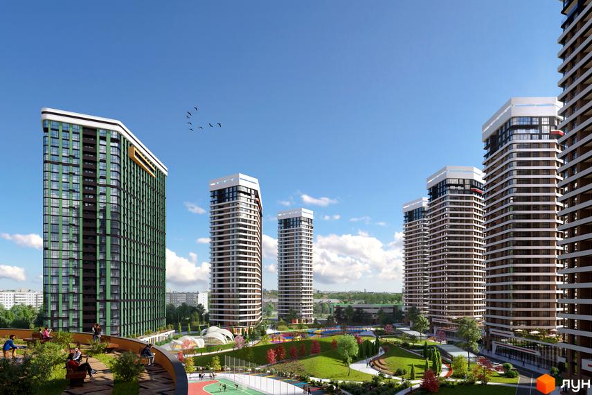 Житловий комплекс Great - це сучасні висотні будинки з зеленою фасадною системою та просторою прибудинковою територією з зонами для відпочинку та спортивними майданчиками.