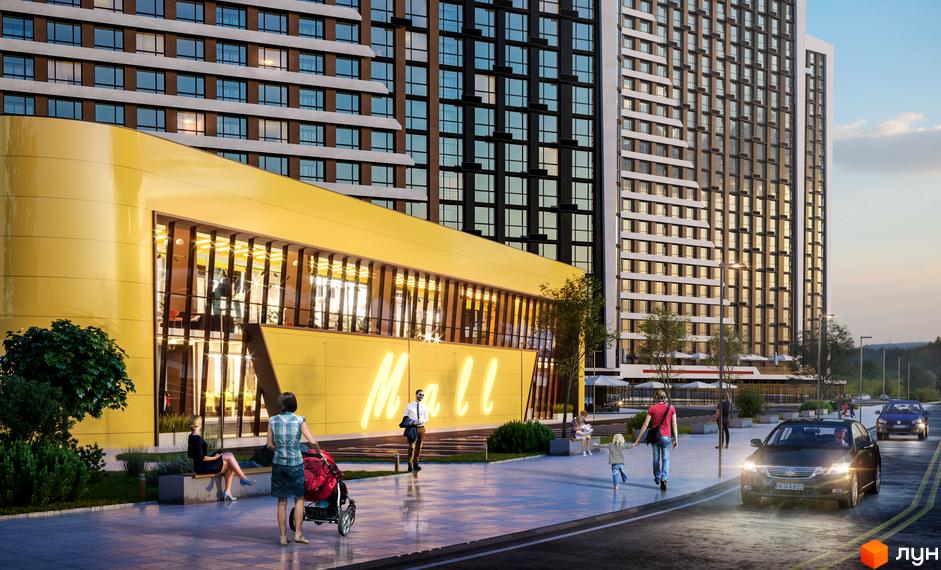 Житловий комплекс Great з жовтою будівлею ТРЦ та людьми на території. Зовнішній вигляд новобудови та прибудинкової території.