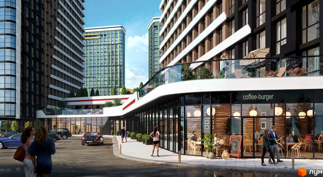 Зовнішній вигляд житлового комплексу Great з комерційними приміщеннями та паркінгом. На території розміщені зелені зони та місця для відпочинку.