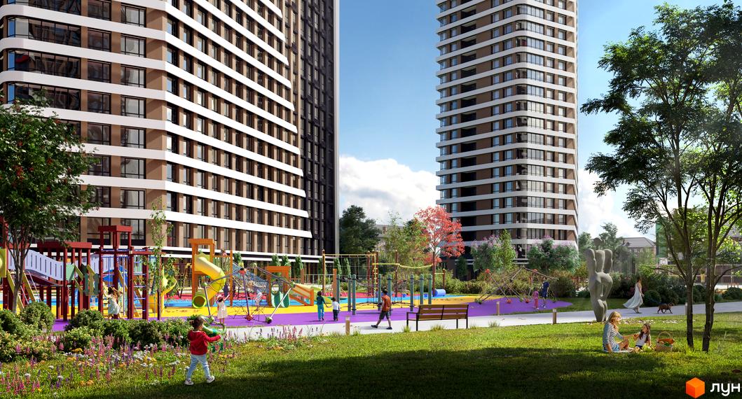 Житловий комплекс Great: фасади будинків з коричневими та білими смугами, дитячий майданчик з різнокольоровим покриттям та зона відпочинку.