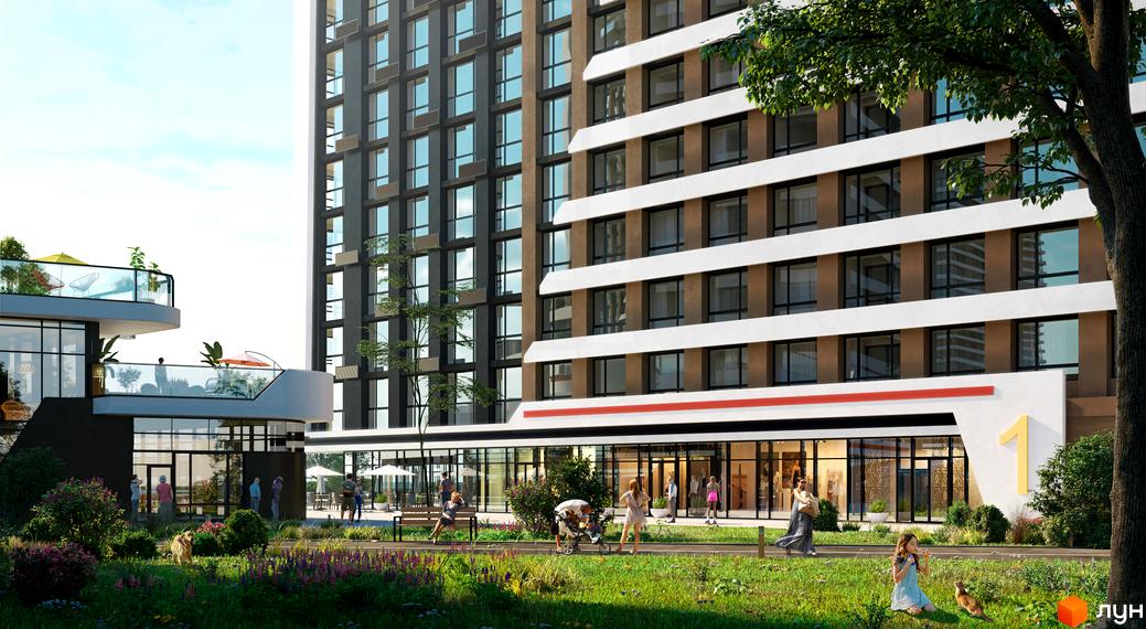 Зовнішній вигляд новобудови Great з терасами та скляними фасадами. На прибудинковій території зелень, дерева та люди.