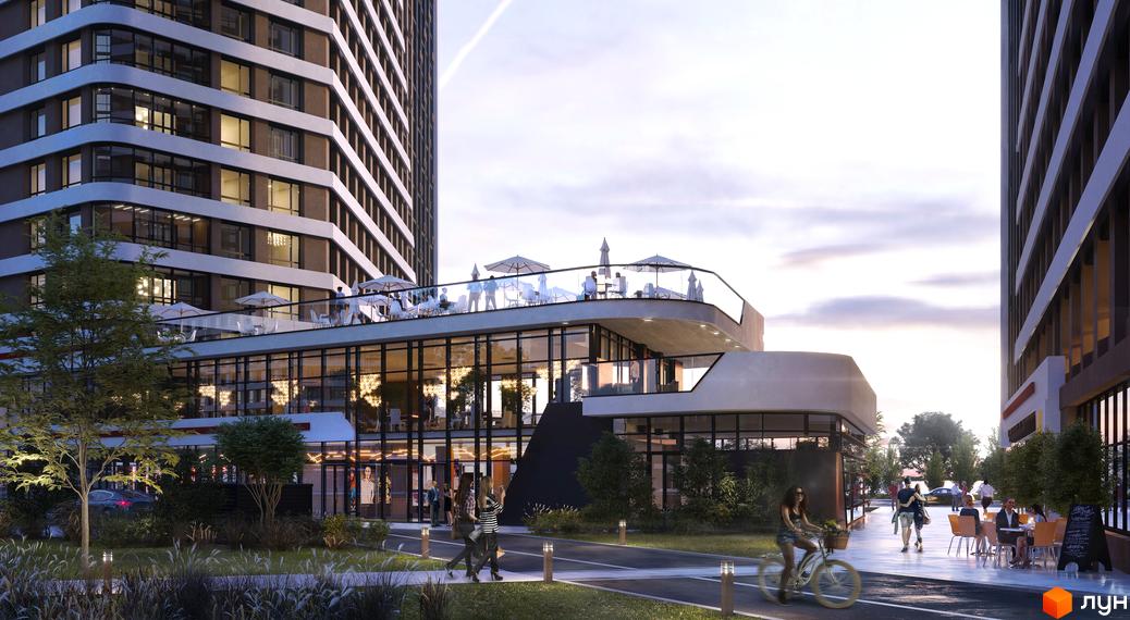 Житловий комплекс Great. Зовнішній вигляд будівлі та прибудинкова територія з терасою та місцями для відпочинку.