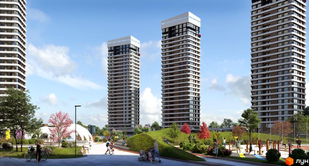 Житловий комплекс Great – це сучасні висотні будинки з панорамними вікнами та доглянутою прибудинковою територією з зонами для відпочинку та спорту.