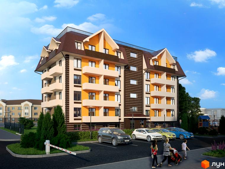 Житловий комплекс Голосіївський квартал: багатоповерховий будинок з коричневим дахом та помаранчевими фасадами, парковка, зелені насадження та дитячий майданчик.