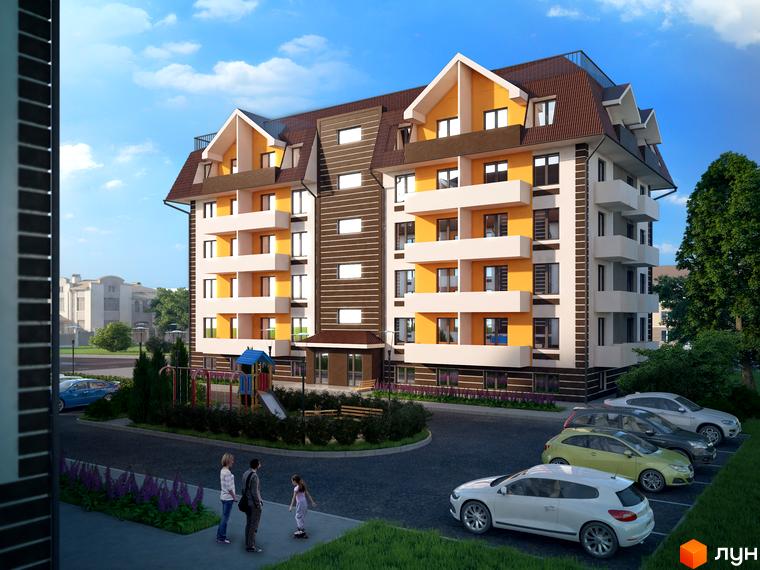 Житловий комплекс Голосіївський квартал: будинок з помаранчевим фасадом та коричневим дахом. На прибудинковій території дитячий майданчик та парковка.