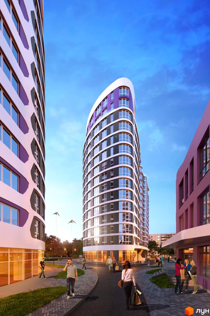 Зображення Житлового комплексу Парус Smart: багатоповерхова будівля з великими вікнами та пішохідною зоною. Навколо будинку тротуарна плитка та зелені насадження.