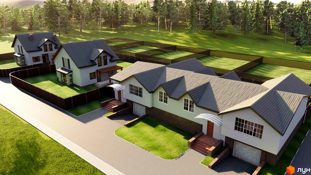 Котеджне містечко Sunrise Village: двоповерхові будинки з сірими дахами та цегляними цоколями, огороджені ділянки з газонами та деревами.