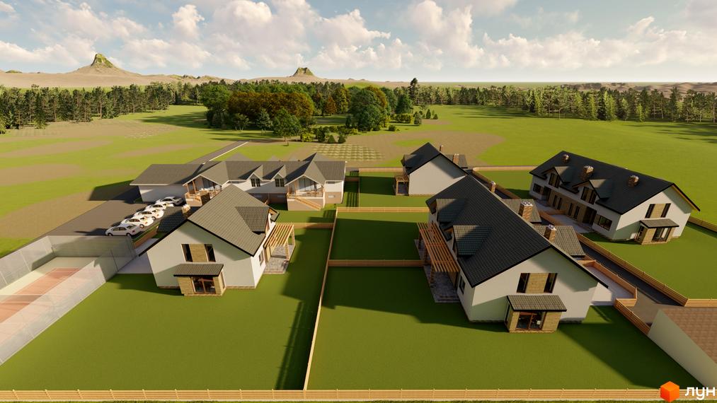 Котеджне містечко Sunrise Village: сучасні будинки з індивідуальними подвір'ями та зоною відпочинку. На території комплексу розташовано тенісний корт та парковка.