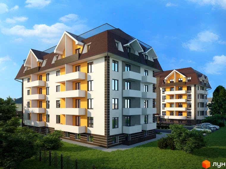 Житловий комплекс Голосіївський квартал: багатоповерхові будинки з білими, жовтими фасадами та коричневими дахами. Навколо газон, дерева, парковка.