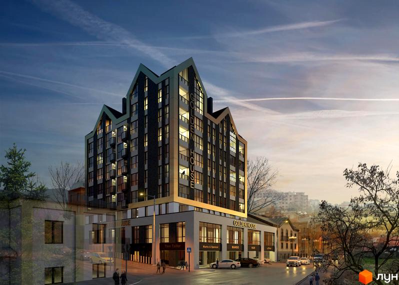 Житловий комплекс Golden House з унікальною архітектурою та комерційними приміщеннями на першому поверсі. Фасад будівлі прикрашений вертикальним написом