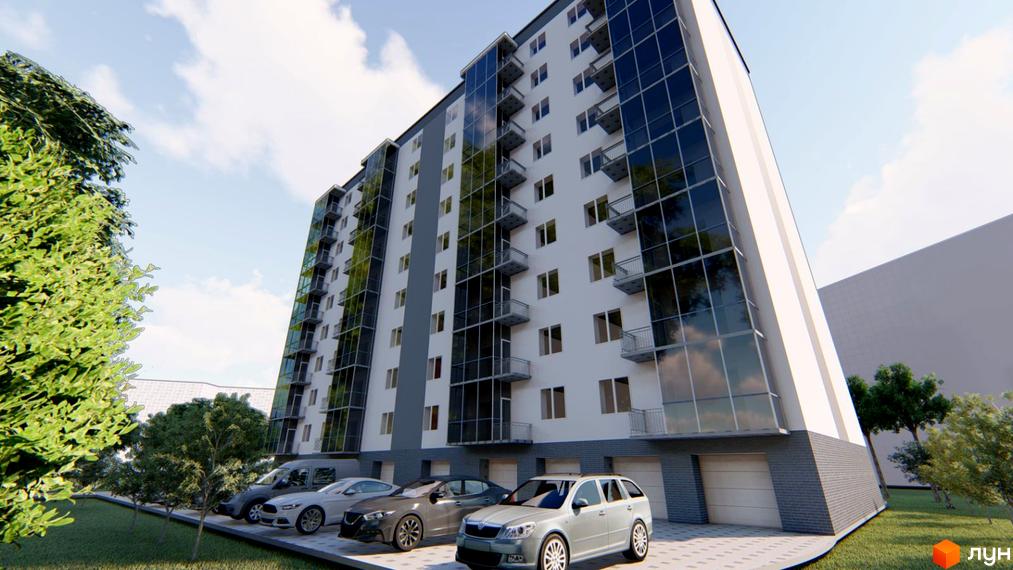 Житловий комплекс Сонячний: багатоповерховий будинок з білими фасадами, скляними балконами та паркінгом.