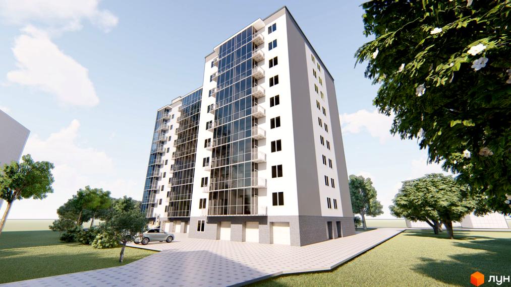 Багатоповерховий будинок Житлового комплексу Сонячний з біло-сірим фасадом та великими скляними вікнами. Поруч зелений газон, дерева та вимощена доріжка.