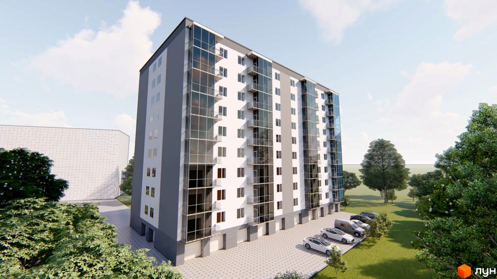 Багатоповерховий житловий будинок Житлового комплексу Сонячний з біло-сірим фасадом та скляними балконами. Поруч парковка та зелені насадження.