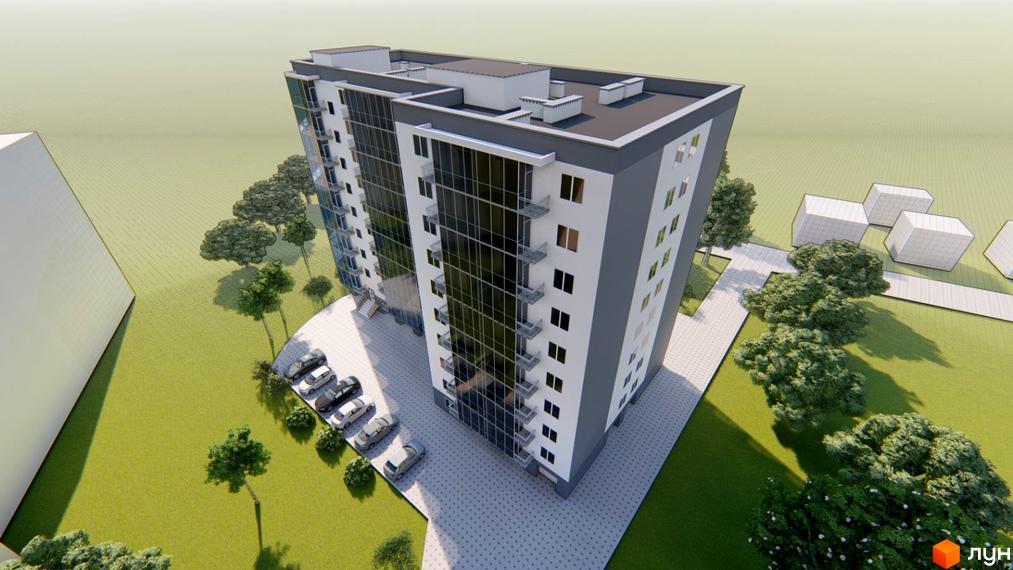 Житловий комплекс Сонячний: багатоповерховий будинок з сіро-білим фасадом та скляними балконами, оточений парковкою, доріжками та деревами.