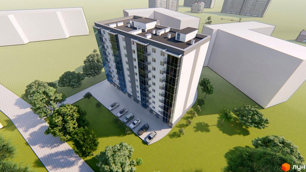 Багатоповерховий житловий будинок Житлового комплексу Сонячний з біло-сірим фасадом та балконами. Навколо будинку зелені газони, дерева та парковка з автомобілями.