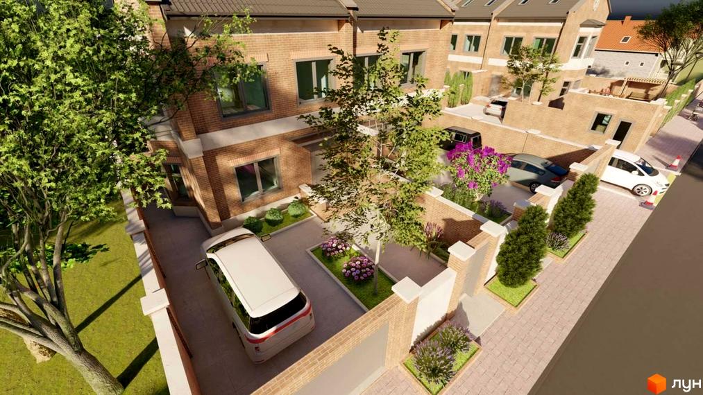 Таунхауси Теремки з цегляним фасадом та прибудинковою територією з деревами та автомобілями. Зовнішній вигляд новобудови та її зелена ділянка.
