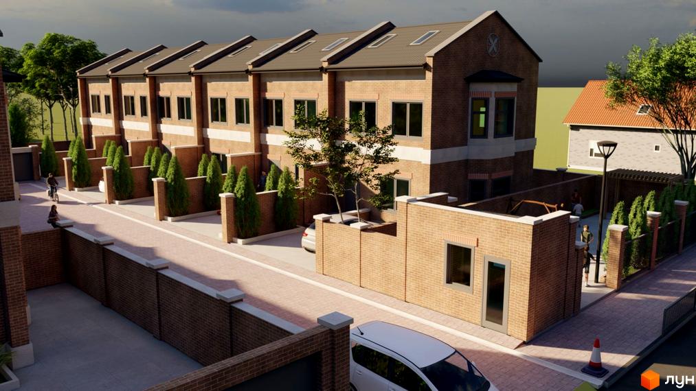 Таунхауси Теремки: цегляні будинки з вікнами та дахом, що виходить на горище, з доглянутими зеленими насадженнями та доріжками.