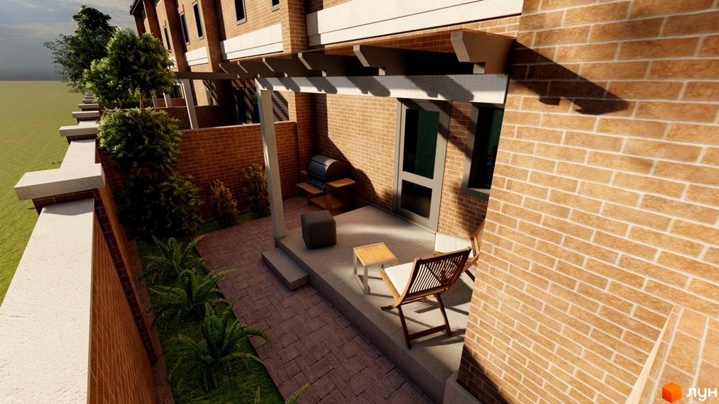 Таунхауси „Теремки“ з цегляними фасадами та затишним подвір'ям з перголою, зоною для барбекю і зеленими насадженнями.