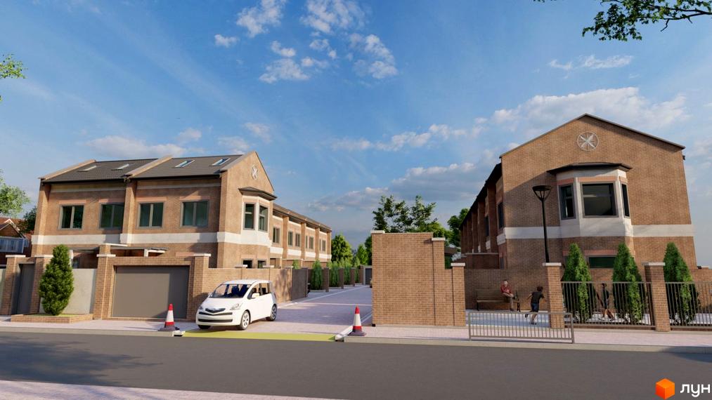 Таунхауси „Теремки“ з цегляними фасадами, темними дахами та мансардними вікнами. На передньому плані видно прибудинкову територію з парковкою, огорожею та зеленими насадженнями.