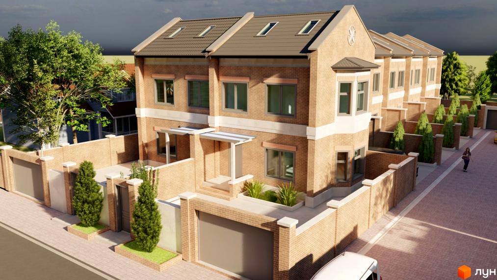 Таунхауси „Теремки“: ряд цегляних будинків з похилими дахами та мансардними вікнами. Територія має цегляні огорожі та зелені насадження.