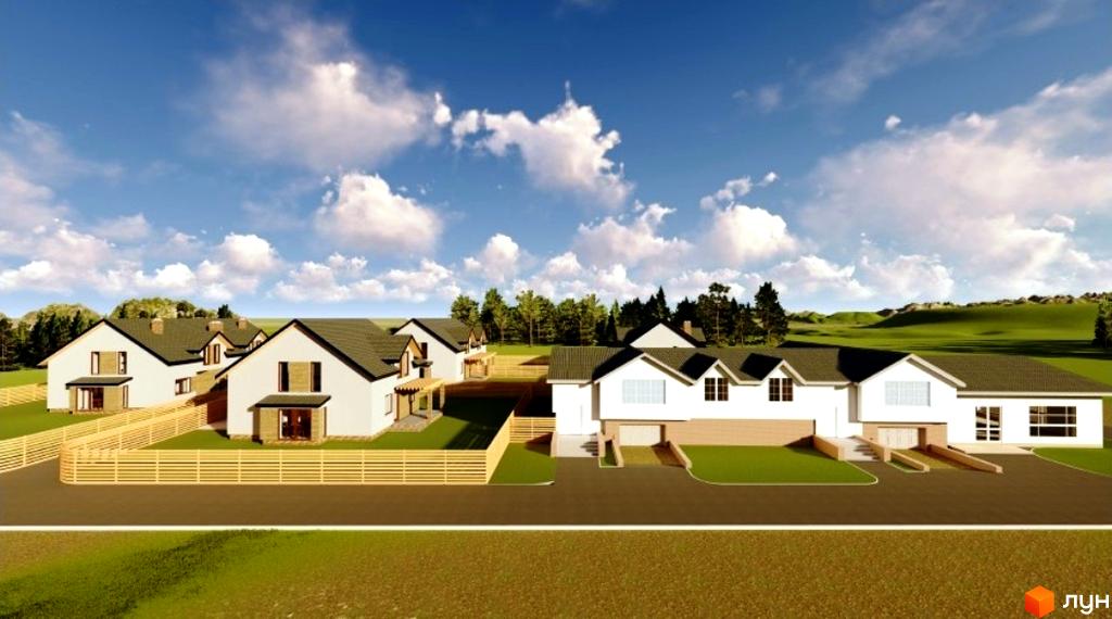 Котеджне містечко Sunrise Village: білі будинки з темними дахами та дерев'яними парканами на тлі зелених пагорбів та блакитного неба з хмарами.