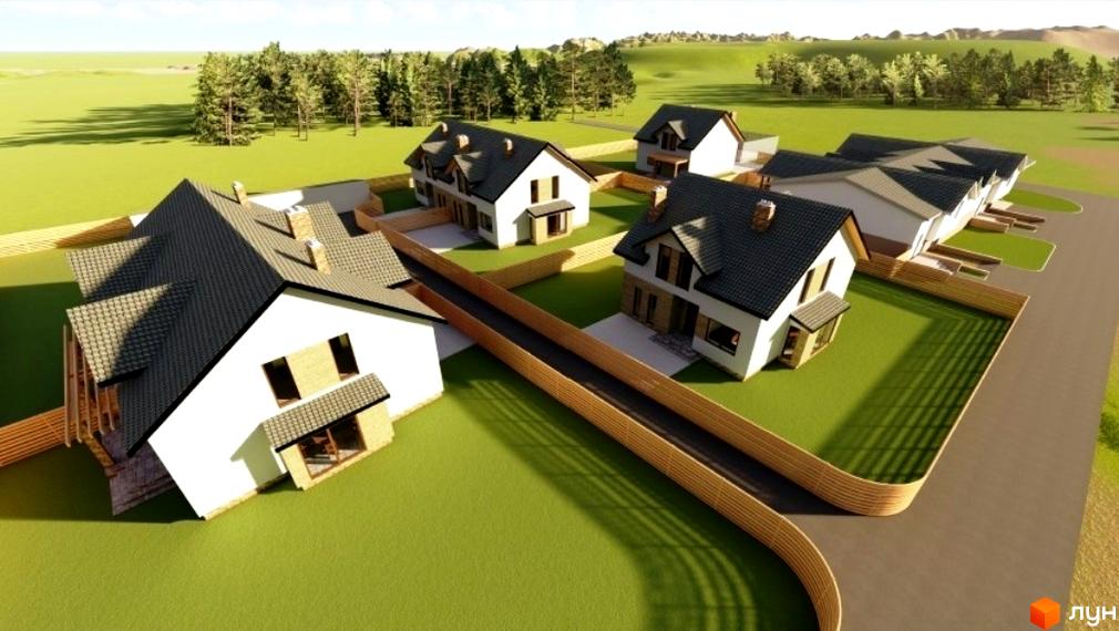 Котеджне містечко Sunrise Village: будинки зі світлими фасадами та темними дахами, оточені зеленими газонами та дерев'яними огорожами.