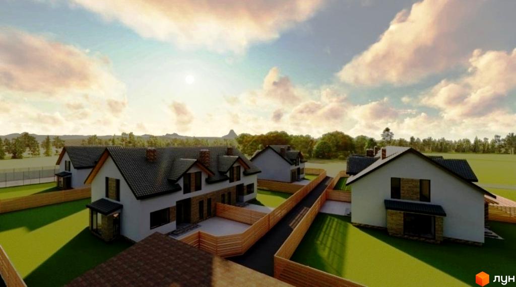 Котеджне містечко Sunrise Village: двоповерхові будинки з темними дахами та світлими стінами, огороджені дерев'яними парканами. Навколо будівель доглянуті зелені газони та доріжки.