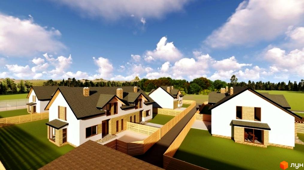 Котеджне містечко Sunrise Village: білі двоповерхові будинки з темними дахами та дерев'яними парканами на зеленій території.