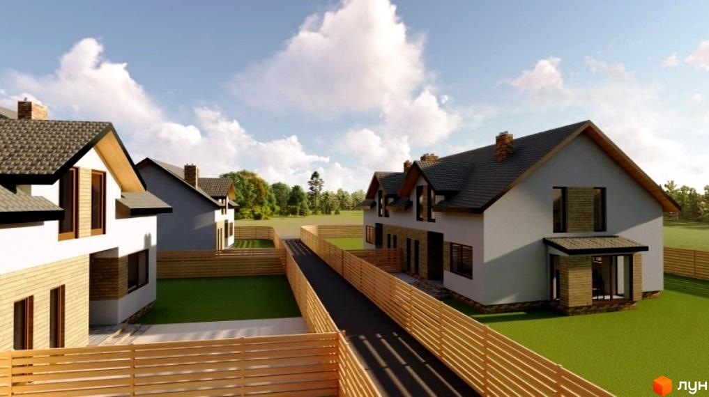 Котеджне містечко КМ Sunrise Village: сучасні будинки з дерев'яними елементами та огородженою прибудинковою територією. Зелена галявина та доріжка між будинками.