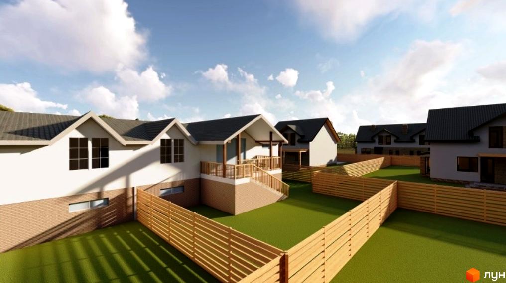 Будинки Котеджного містечка Sunrise Village з білими фасадами, темними дахами та верандами. Прибудинкові ділянки мають зелені газони та дерев'яні огорожі.