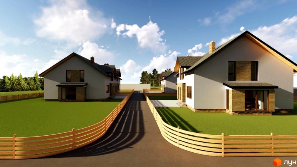 Котеджне містечко Sunrise Village: двоповерхові будинки зі світлими фасадами та дерев'яними елементами. Територія з газонами та дерев'яними парканами.