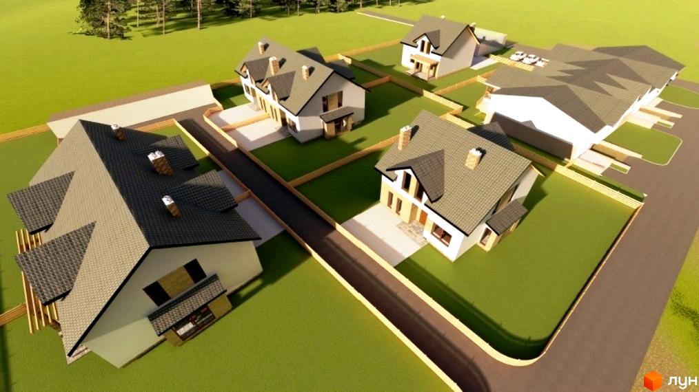 Котеджне містечко Sunrise Village: сучасні будинки з сірими дахами та доглянутою прибудинковою територією, оточені зеленню.