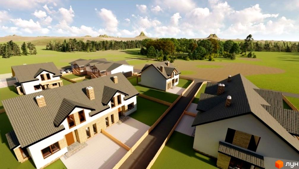 Котеджне містечко Sunrise Village: триповерхові будинки з сірими дахами та цегляними фасадами, огороджена територія з зеленими газонами та доріжками.