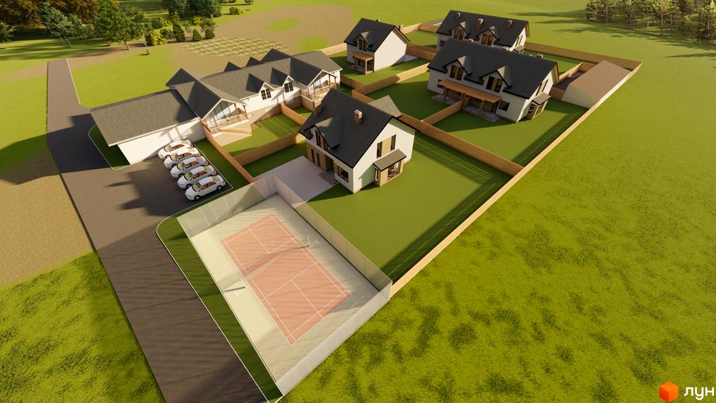Котеджне містечко Sunrise Village з сучасними будинками та тенісним кортом. Оглядовий вид на житловий комплекс з автомобілями та зеленими зонами.