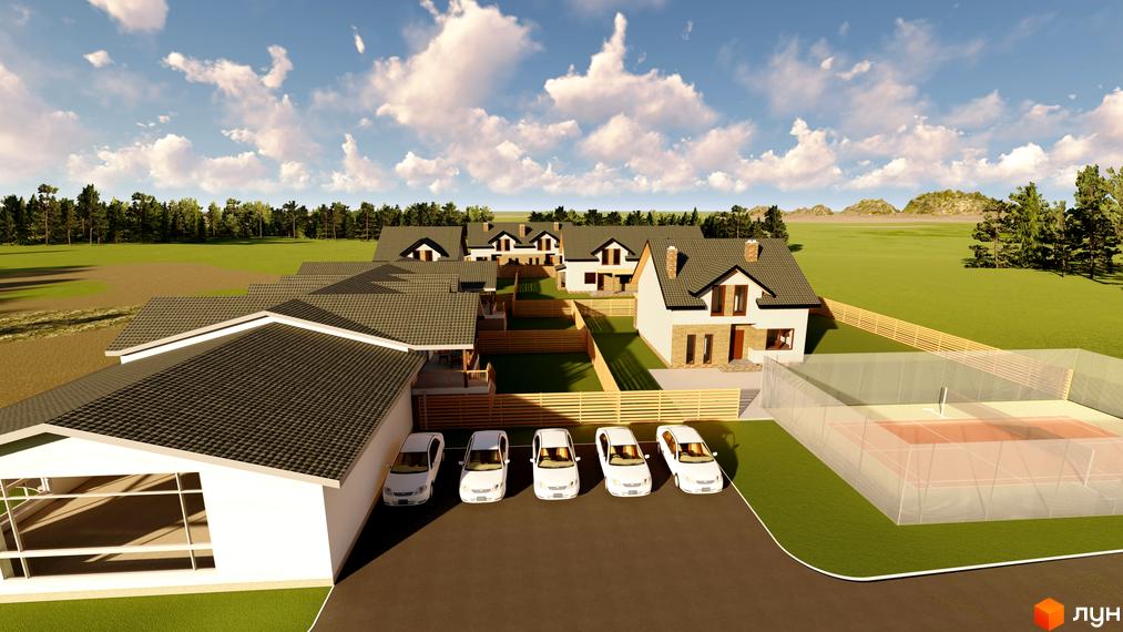 Котеджне містечко Sunrise Village: сучасні будинки з індивідуальними ділянками та тенісним кортом. Затишна прибудинкова територія з паркуванням для автомобілів.