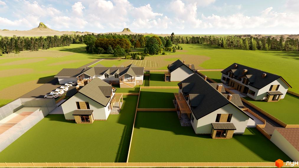 Вигляд на Котеджне містечко Sunrise Village: будинки з темними дахами, зелені ділянки, тенісний корт та парковка.