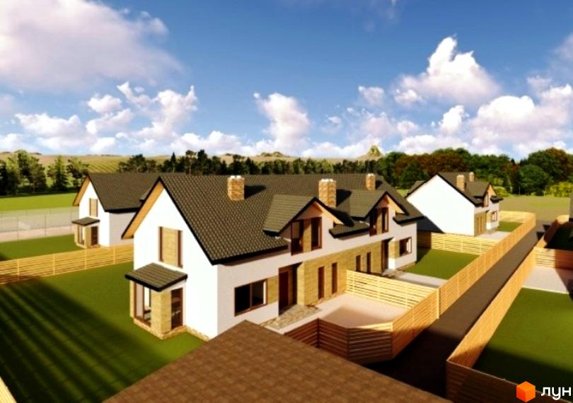 Котеджне містечко Sunrise Village: вид зверху на двоповерхові будинки з білими фасадами та темними дахами. Прибудинкова територія має зелені газони та дерев'яні огорожі.