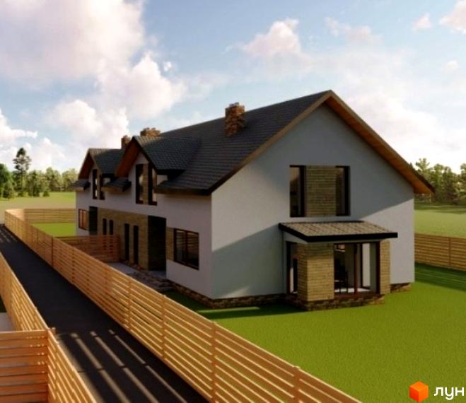 Двоповерховий будинок у Котеджному містечку Sunrise Village з світлими стінами, темним дахом та вікнами. Навколо будинку зелений газон, дерев'яний паркан та вимощена доріжка.