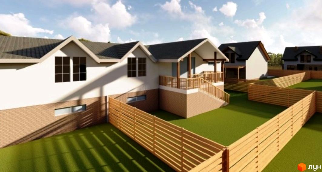 Котеджне містечко Sunrise Village: білі котеджі з цегляним фундаментом та темними дахами. Просторі ділянки з зеленим газоном та дерев'яними огорожами.