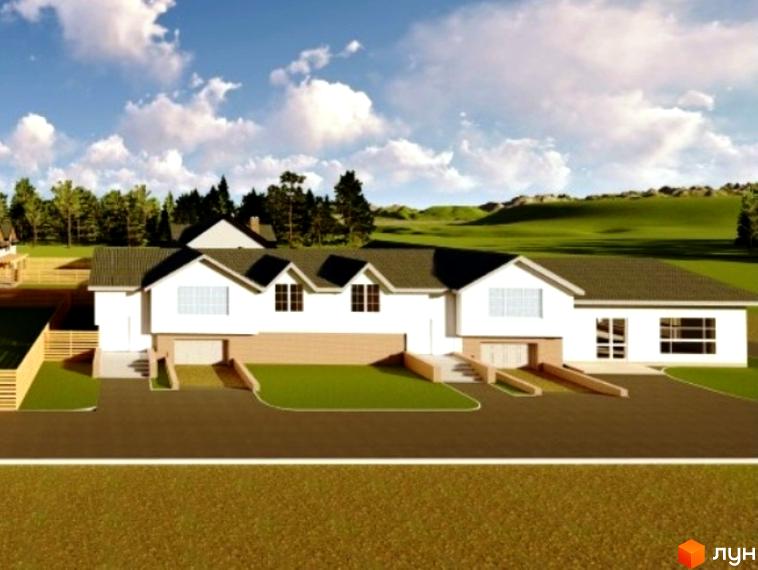 Котеджне містечко Sunrise Village: Білий будинок з темним дахом, двома в'їздами та світло-коричневою основою. Навколо зелені газони та дерева.