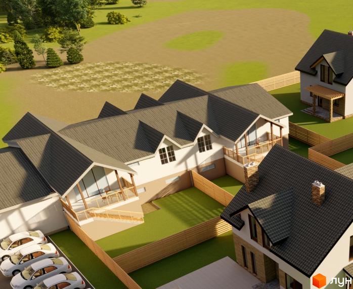 Котеджне містечко Sunrise Village з сучасними будинками та доглянутою прибудинковою територією, що включає парковку та зелені зони.