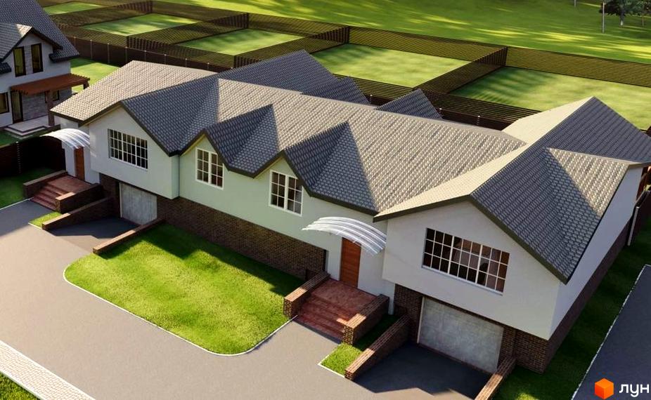 Котеджне містечко КМ Sunrise Village: фасади будинків з сірим дахом та зелені галявини перед ними. Прибудинкова територія з доглянутими газонами та парканом.