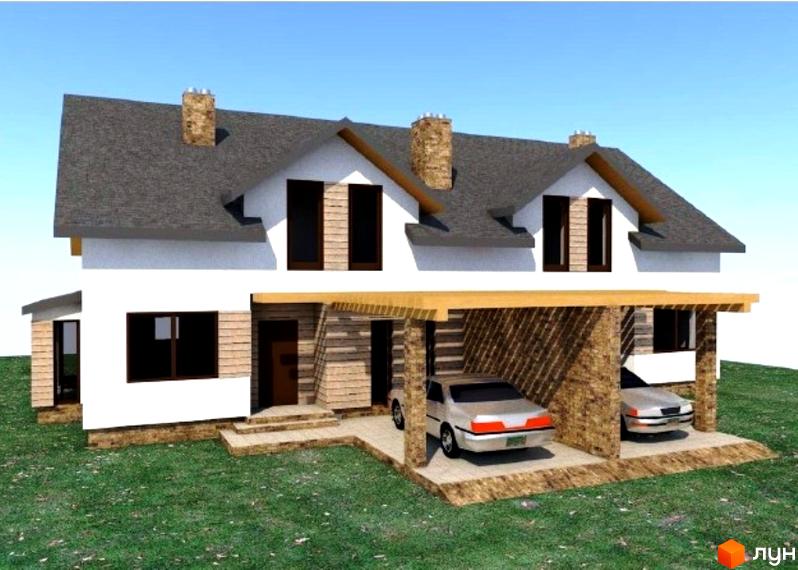 Будинок Котеджного містечка Sunrise Village з сірим дахом, білими стінами, елементами каменю та дерева. Вбудований навіс для двох авто та зелений газон.