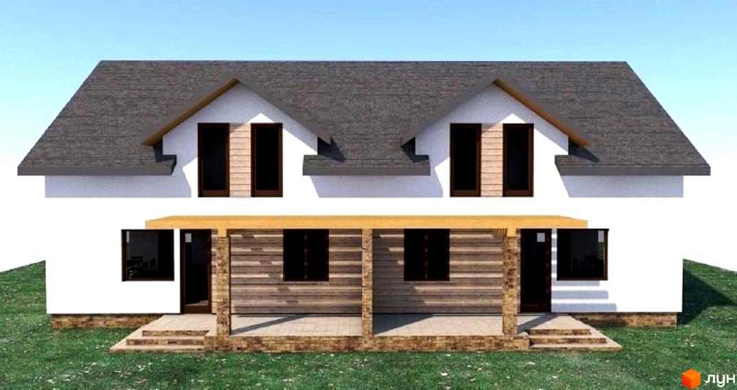 Котеджне містечко Sunrise Village: двоповерховий будинок з сірим дахом, дерев'яним оздобленням фасаду та зеленим газоном навколо.