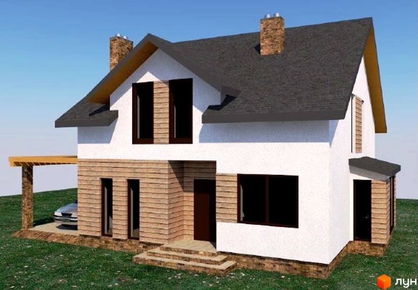 Котеджне містечко КМ Sunrise Village: двоповерховий будинок з цегляним цоколем, великими вікнами та навісом для авто на зеленій ділянці.