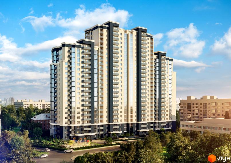 Зображення фасаду та прибудинкової території Житлового комплексу Старокиївський. Багатоповерхова будівля з великою кількістю вікон та балконів.