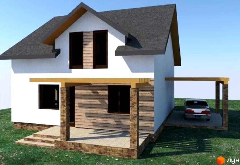 Котеджне містечко Sunrise Village: двоповерховий будинок з гаражем та прибудинковою територією. Зовнішній вигляд будинку з білою штукатуркою та дерев'яними елементами.