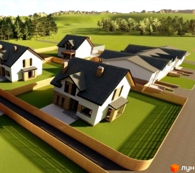 Котеджне містечко Sunrise Village: білі двоповерхові будинки з темними дахами та дерев'яними парканами на зеленій території.