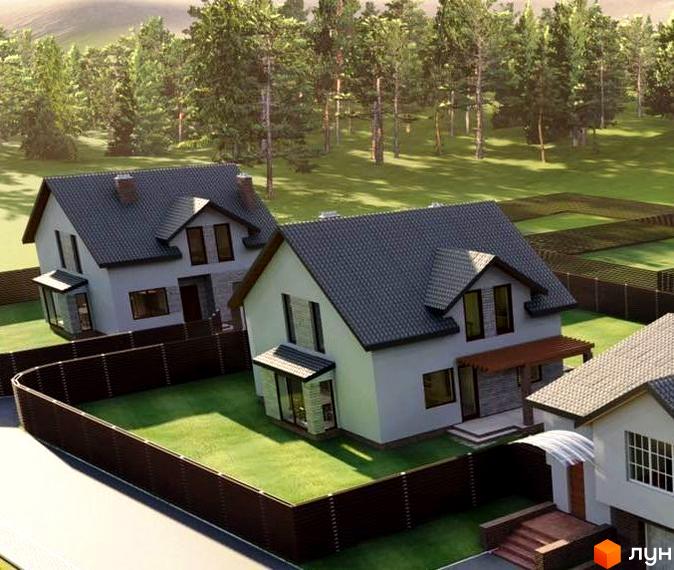 Котеджне містечко КМ Sunrise Village: двоповерхові будинки з сірими дахами та коричневими парканами на доглянутих ділянках серед дерев.